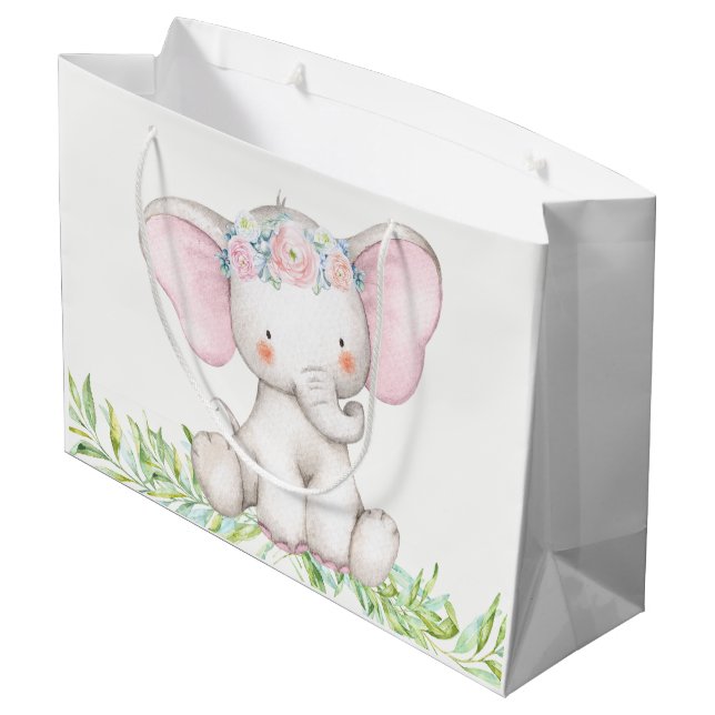 Grand Sac Cadeau Fille Mignonne Éléphant Bébé Shower (Dos Angle)