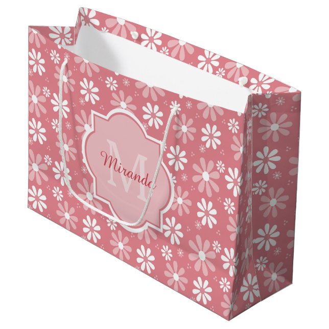 Grand Sac Cadeau Fille Monogramme Joli Rose Fleurs De Faisée Avec N (Devant Angle)