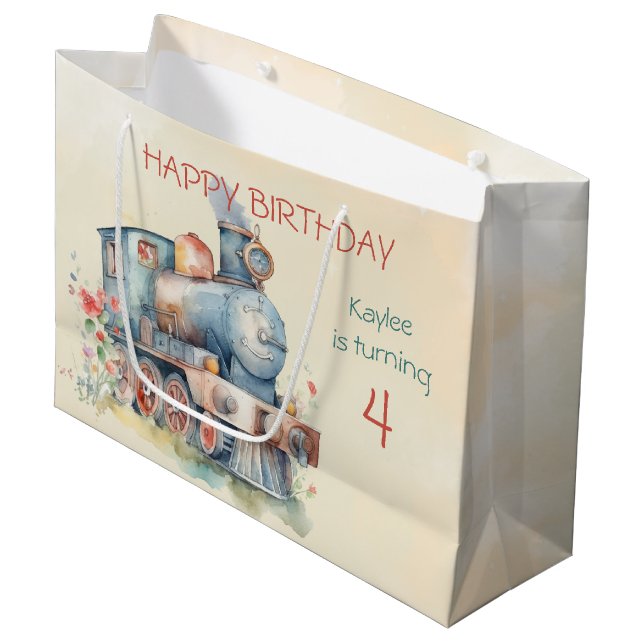 Grand Sac Cadeau Fille moteur de train 4e anniversaire (Devant Angle)