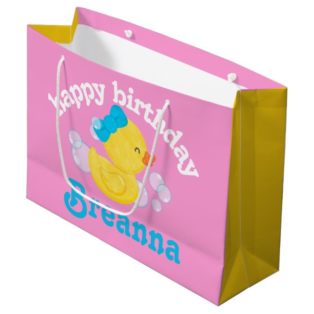 Grand Sac Cadeau Fille Rubber Ducky Personnalisé Anniversaire (Devant Angle)