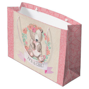 Grand Sac Cadeau Filles Aquarelle Floral Baby shower de l'ours bébé