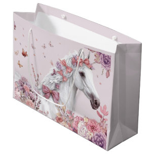 Grand Sac Cadeau Filles Jolis Poneys Floral Pastel Cheval