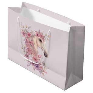 Grand Sac Cadeau Filles Jolis Poneys Floral Pastel Cheval