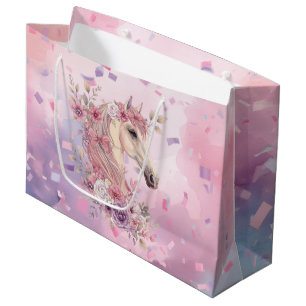Grand Sac Cadeau Filles Jolis Poneys Floral Pastel Cheval