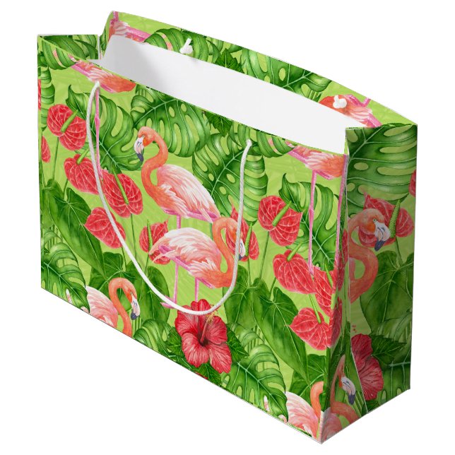 Grand Sac Cadeau Flamant rose et plantes tropicaux (Dos Angle)