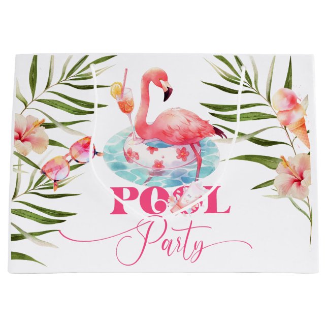 Grand Sac Cadeau Flamant rose pool fête Anniversaire (Devant)