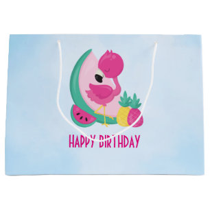 Grand Sac Cadeau Flamant rose rose avec pastèque et ananas