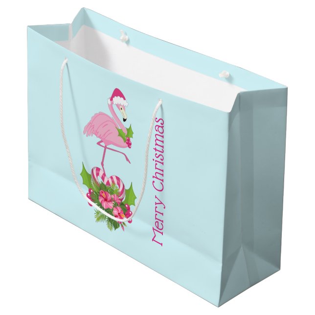 Grand Sac Cadeau Flamant rose rose en Santa Hat avec Sucre de canne (Devant Angle)