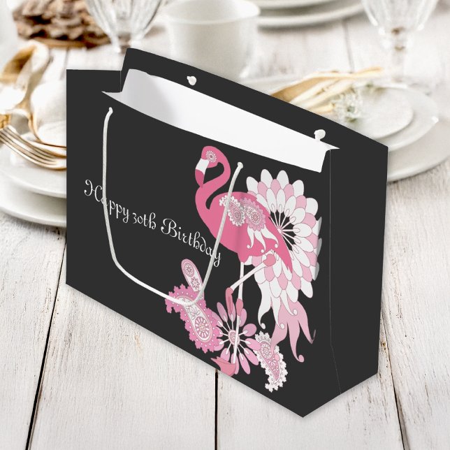 Grand Sac Cadeau Flamant rose rose noir moderne personnalisé Annive (Créateur téléchargé)