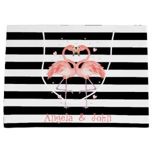 Grand Sac Cadeau Flamants roses amoureux , Rayures noires et blanch