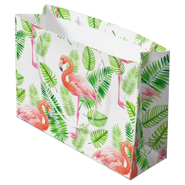 Grand Sac Cadeau Flamants roses et feuilles tropicaux (Dos Angle)
