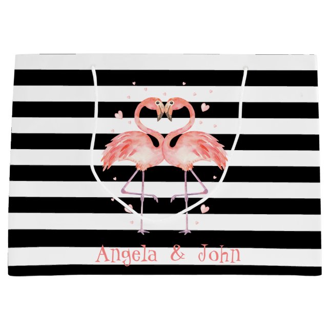 Grand Sac Cadeau Flamants roses Roses En Amour, Blancs Noirs (Devant)