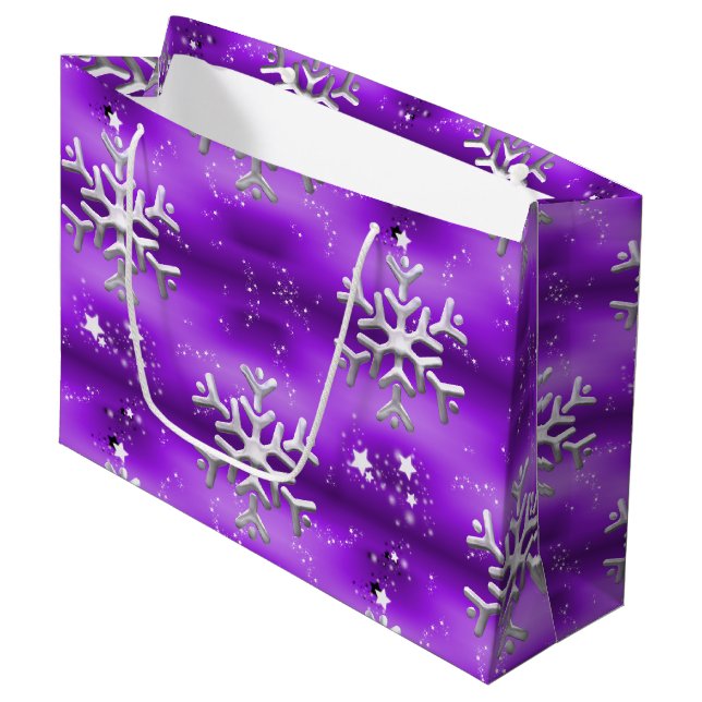 Grand Sac Cadeau Flammes de neige et étoiles en argent Noël violet (Devant Angle)