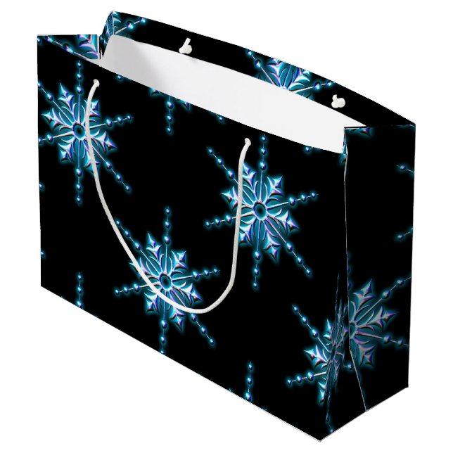 Grand Sac Cadeau Flammes de neige sur glace bleue à Noël noir (Dos Angle)