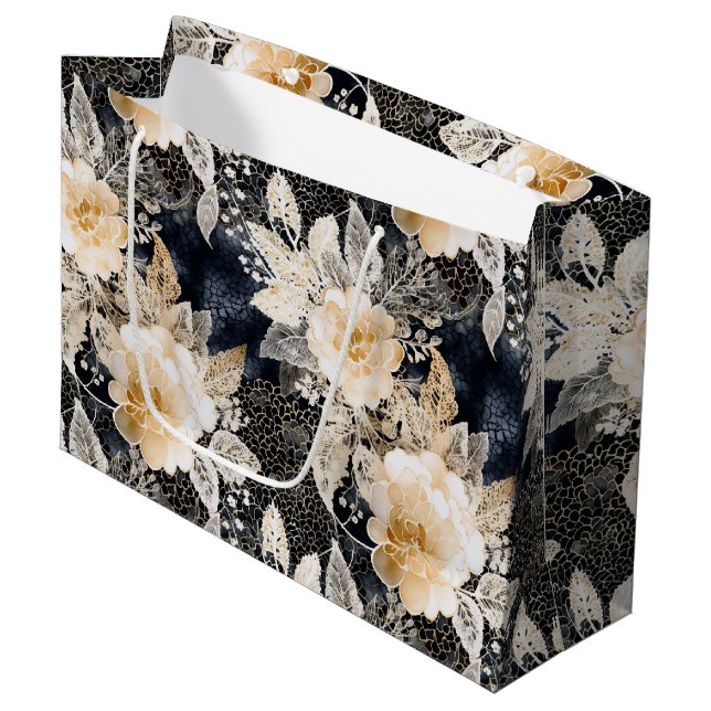 Grand Sac Cadeau Fleur Animalière Crème et Noir Sauvage Léopard (Devant Angle)