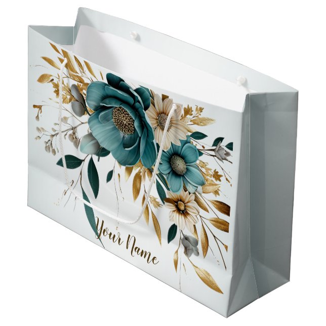 Grand Sac Cadeau Fleur blanche Turquoise Feuille d'or élégant (Devant Angle)