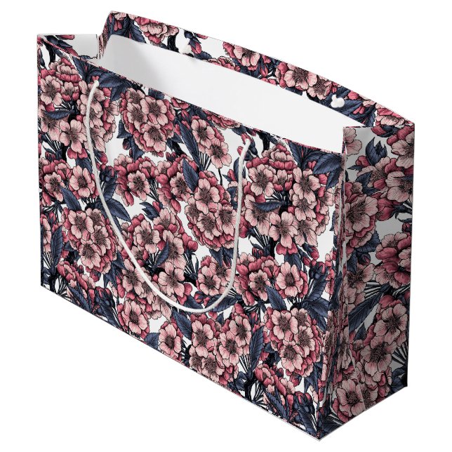 Grand Sac Cadeau Fleur de cerisier rose et bleu (Dos Angle)