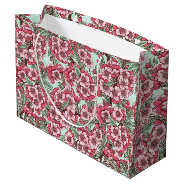 Grand Sac Cadeau Fleur de cerisier rose et menthe (Dos Angle)