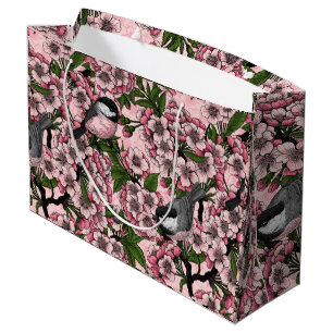 Grand Sac Cadeau Fleur de cerisiers et poulets roses