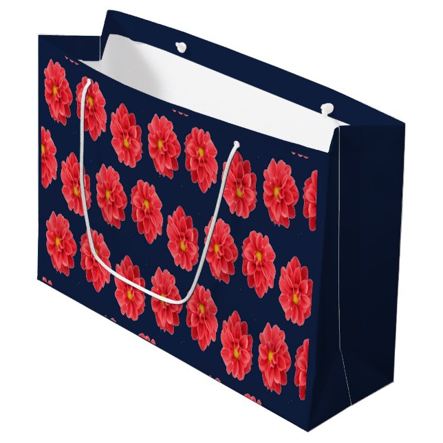 Grand Sac Cadeau Fleur de dahlia rose en bleu (Devant Angle)