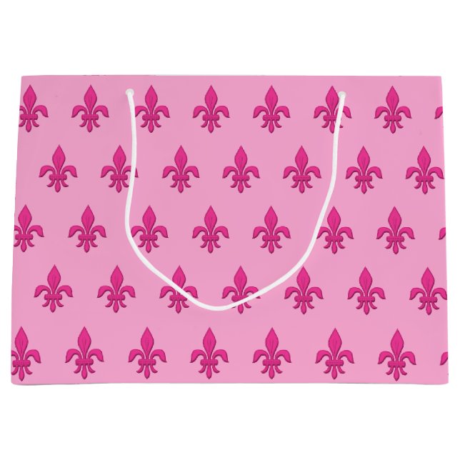 Grand Sac Cadeau Fleur de Lis à Fuchsia rose sur rose clair (Devant)