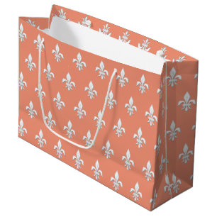 Grand Sac Cadeau Fleur de Lis en blanc sur Coral clair rose / Pêche