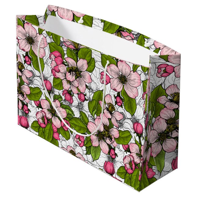 Grand Sac Cadeau Fleur de pomme sur blanc (Dos Angle)