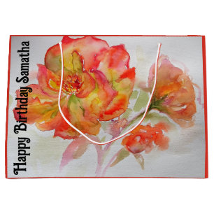 Grand Sac Cadeau Fleur de rose rouge orange aquarelle anniversaire
