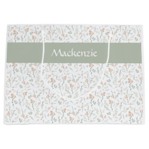 Grand Sac Cadeau Fleur de sauvage à l'aquarelle sauge Nom personnal