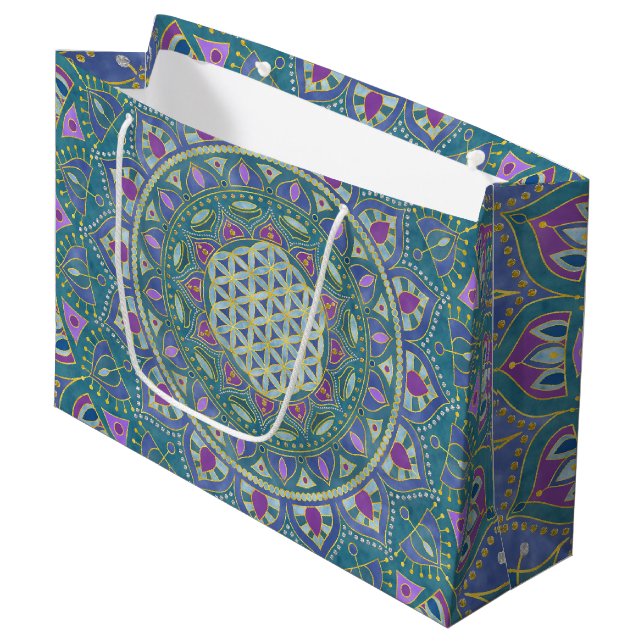 Grand Sac Cadeau Fleur de Vie - Mandala Style Inde 1 (Devant Angle)
