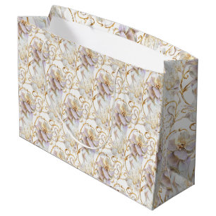 Grand Sac Cadeau Fleur florale blanche chic mariage anniversaire or