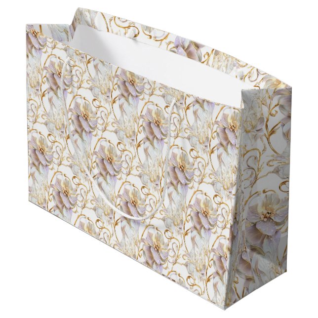 Grand Sac Cadeau Fleur florale blanche mariage anniversaire or chic (Dos Angle)