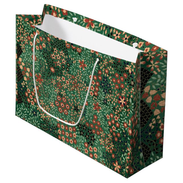 Grand Sac Cadeau Fleur japonaise verte Flore traditionnelle arrière (Devant Angle)