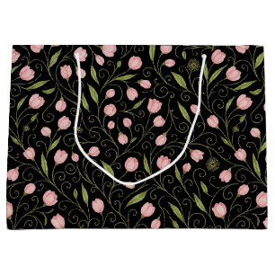 Grand Sac Cadeau Fleur mignonne, rose sur noir avec motif répétitif