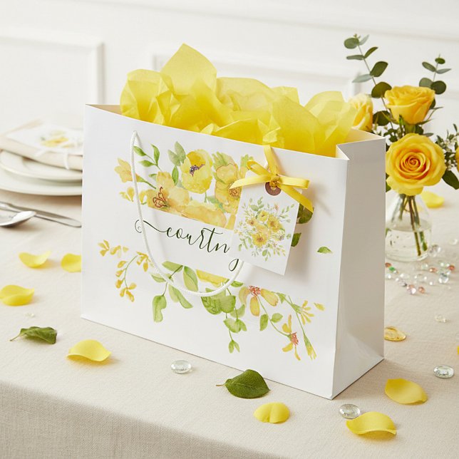 Grand Sac Cadeau Fleur personnalisée aquarelle jaune   (Créateur téléchargé)