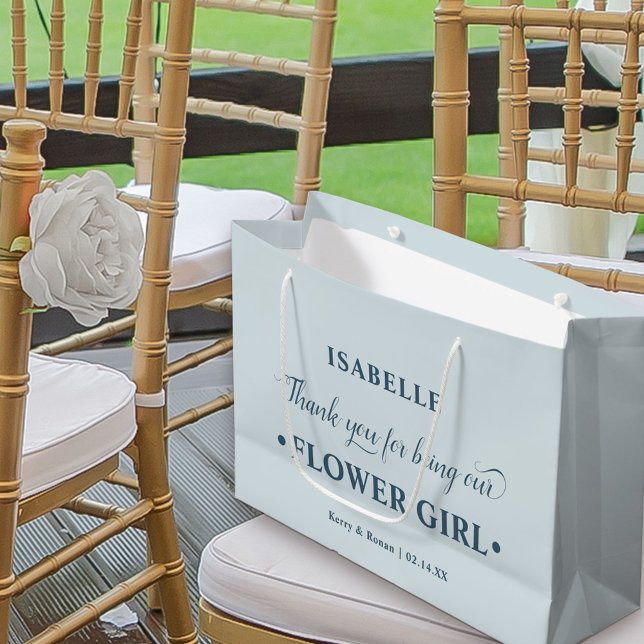 Grand Sac Cadeau Fleur personnalisée Merci bleu fille (Dusty Blue Wedding Thank You Gift Bag for Flower Girl)