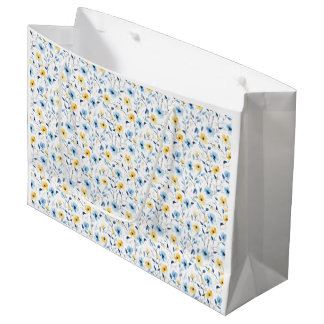 Grand Sac Cadeau Fleur sauvage aquarelle bleu jaune