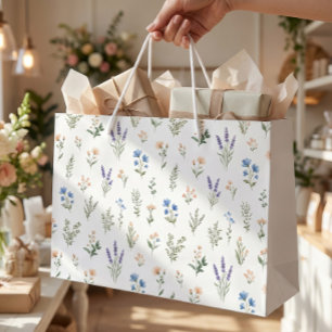 Grand Sac Cadeau Fleur Sauvage Botanique Bleu Lavande Floral Boho 