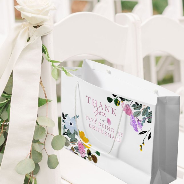 Grand Sac Cadeau Fleur sauvage de Bridesmaid pelouse Merci blanc gr (Bridesmaid Wedding Gift Bag with pretty wildflowers from my Wildflower Lawn collection)