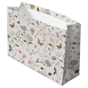 Grand Sac Cadeau Fleur Sauvage Élégante & Papillon Toile-De-Jouy