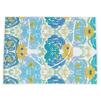 Grand Sac Cadeau Fleurs aquarelles bleues et jaunes