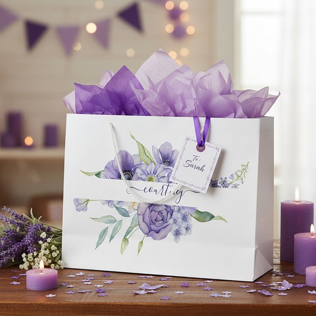 Grand Sac Cadeau Fleurs aquarelles violettes personnalisées   (Créateur téléchargé)
