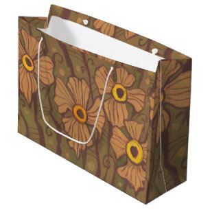 Grand Sac Cadeau Fleurs aux yeux jaunes, art floral, vert olive bru
