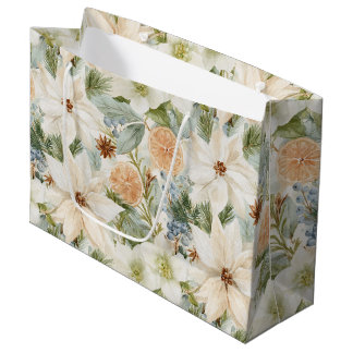 Grand Sac Cadeau Fleurs Blanches Oranges Noël