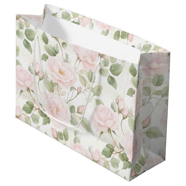 Grand Sac Cadeau Fleurs Blanches Rose Fardée Mariage (Devant Angle)