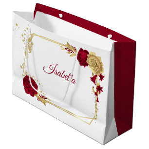 Grand Sac Cadeau fleurs bordeaux et or élégantes