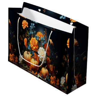 Grand Sac Cadeau Fleurs Citrouilles d'Halloween