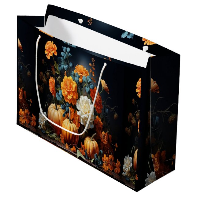 Grand Sac Cadeau Fleurs Citrouilles d'Halloween (Devant Angle)