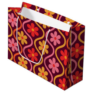 Grand Sac Cadeau Fleurs colorées rétro sur motif ogee vintage 