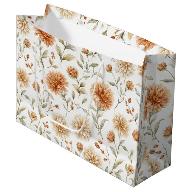 Grand Sac Cadeau Fleurs Crème Orange Réception de Mariage (Devant Angle)